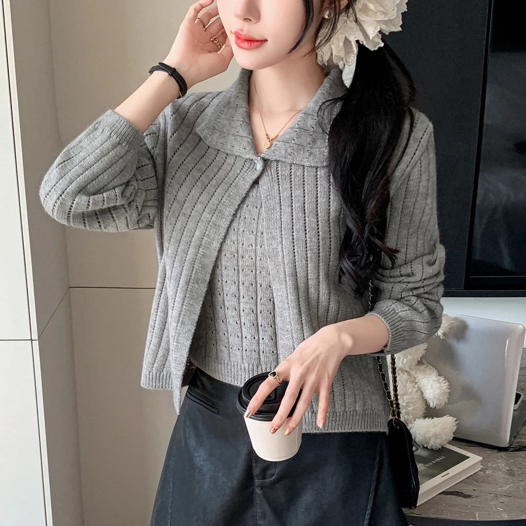 韩式秋冬开衫打底两件套针织衫设计感镂空毛衣慵懒洋气上衣女新款