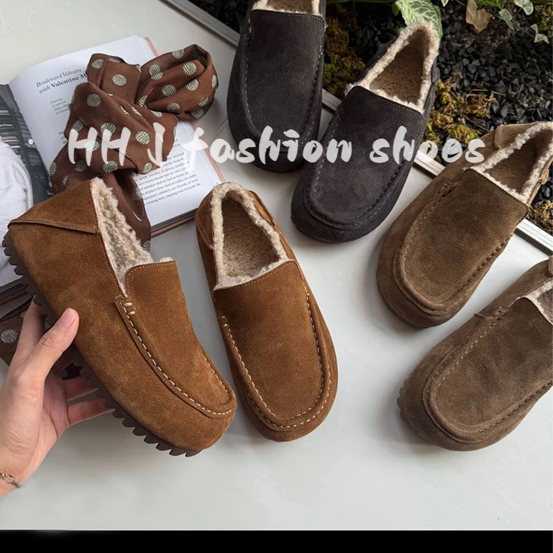 真皮两穿保暖毛毛鞋2025冬季新款一脚蹬平底棉单鞋女复古休闲女鞋