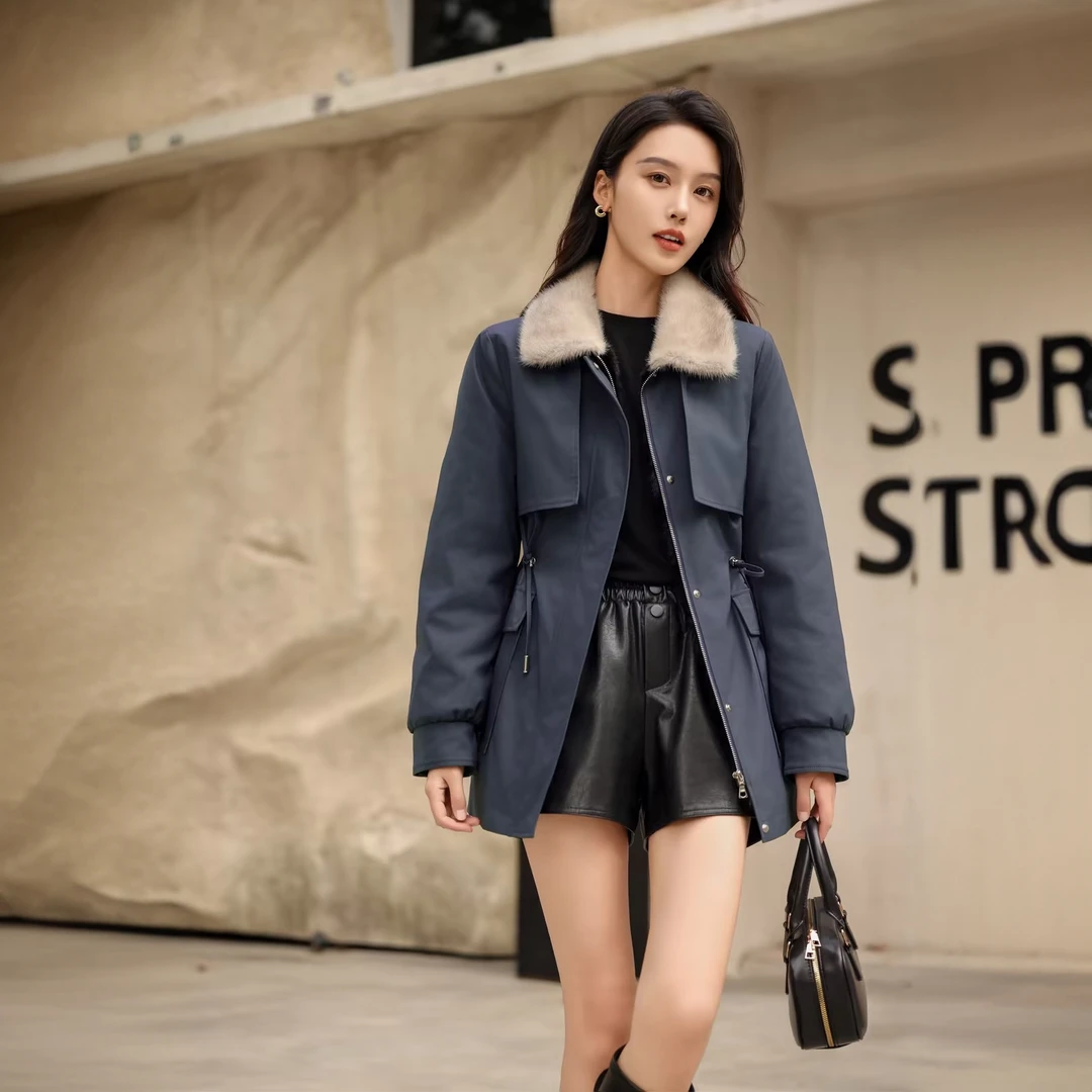 十二篮专选冬新款保暖抽绳收腰一手长水貂派克服女7C64509170