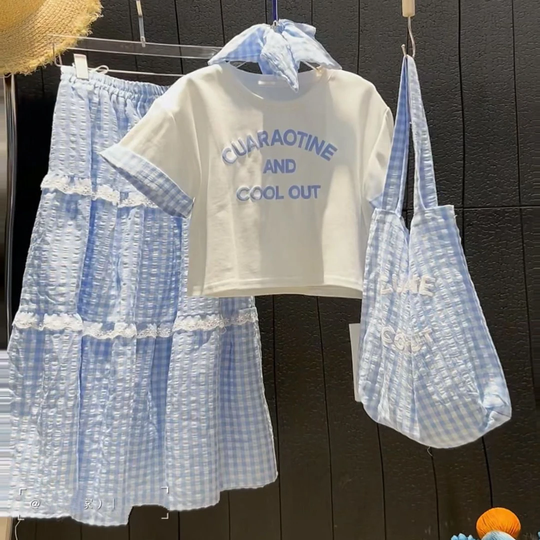 女中大童夏季新款两件套装韩系时尚爆款短袖洋气百搭半身裙清新潮