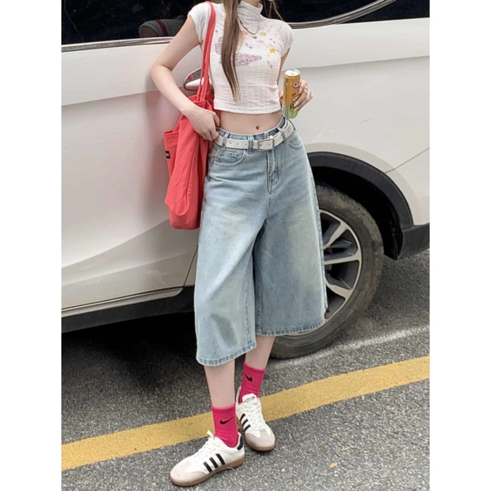 美式复古高级简约感牛仔裤女2025春夏新款高腰显瘦直筒阔腿七分裤