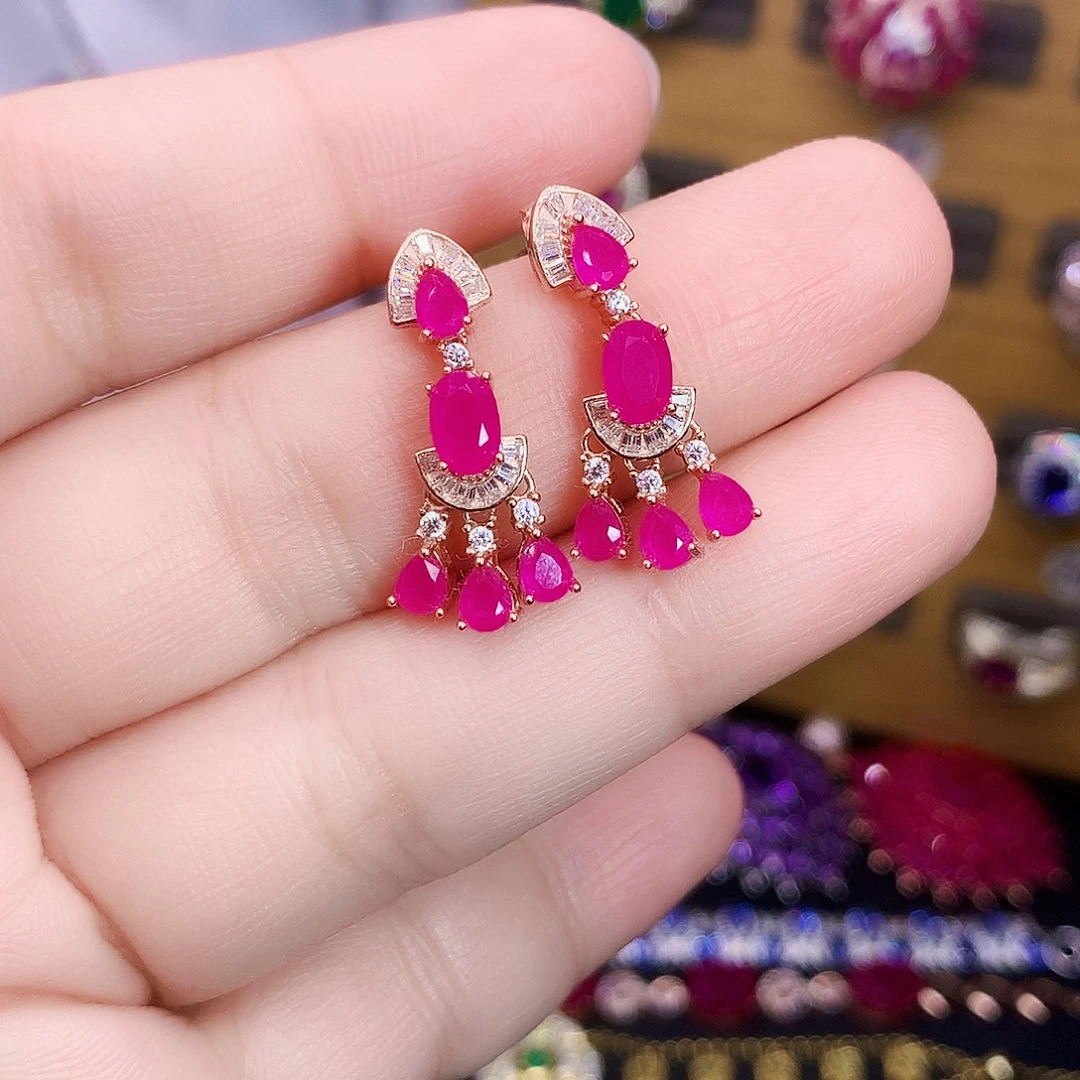 银S925镶嵌耳饰红宝石