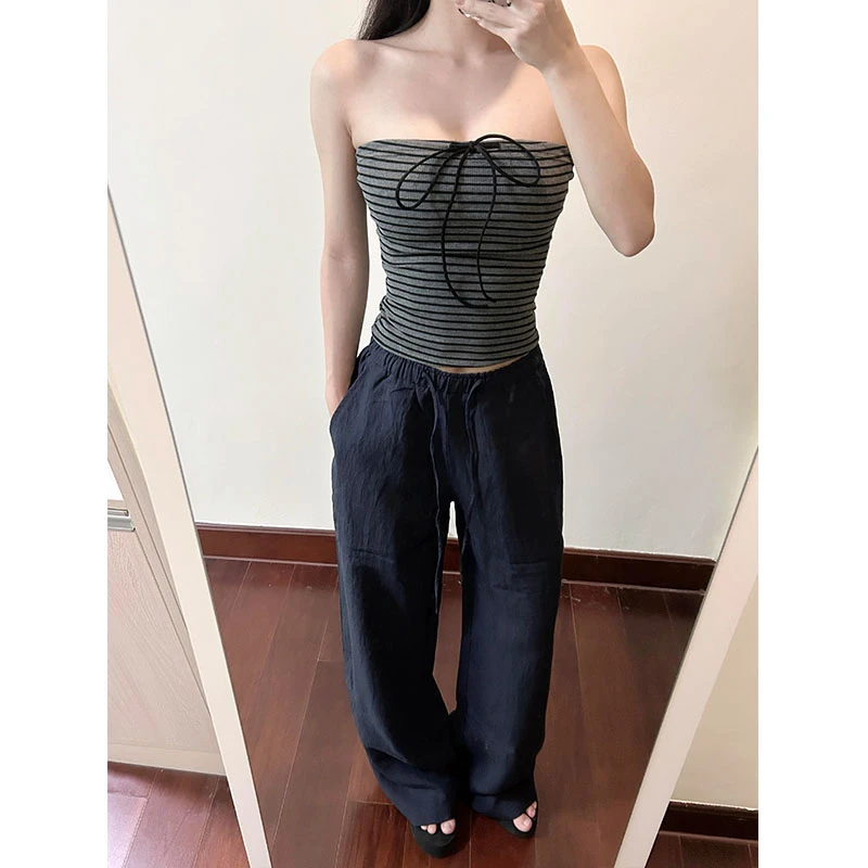 美式条纹辣妹复古抹胸吊带无袖背心夏季修身独特设计感绑带上衣潮