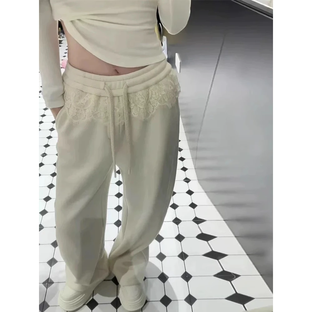 QianRH-9844春季新款蕾丝拼接百搭宽松休闲直筒裤