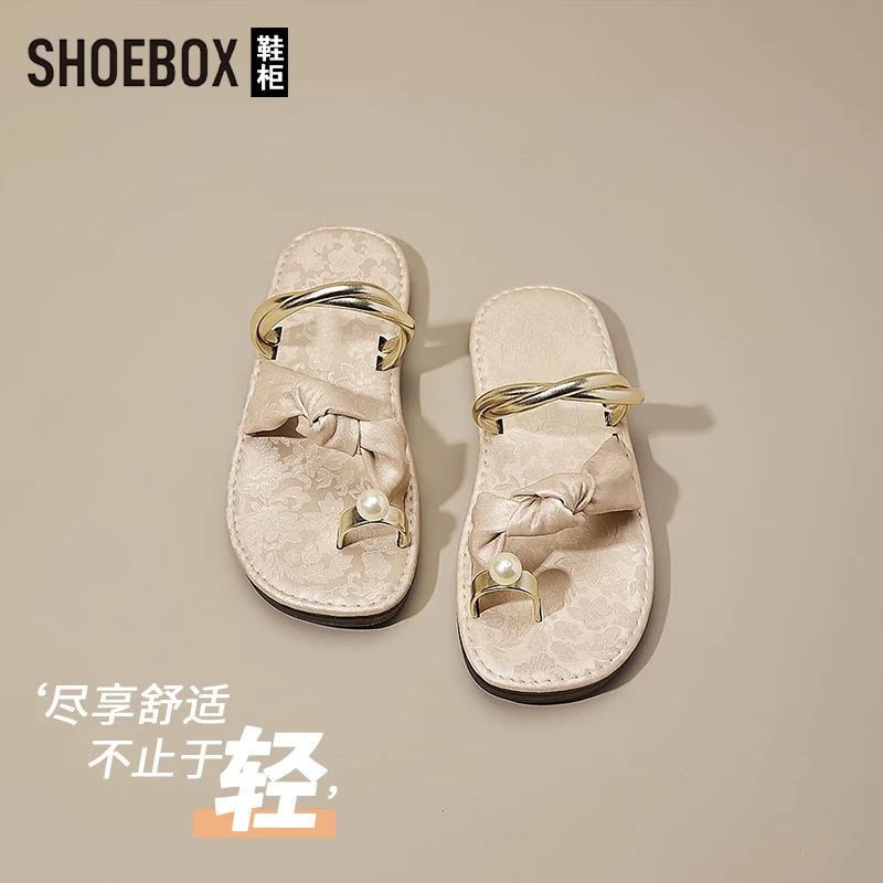 SHOEBOX鞋柜新中式仙女风珍珠套趾凉拖鞋女外穿夏季百搭沙滩鞋拖
