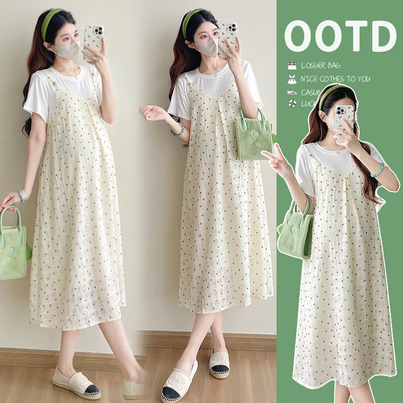 2025新款夏季孕妇装韩版T恤拼接雪纺刺绣假两件中长款孕妇连衣裙