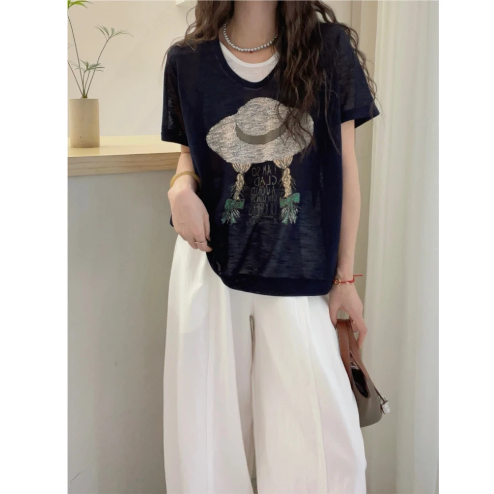 假两件薄款透气T恤女2025夏季新款设计感百搭小众印花短袖上衣潮