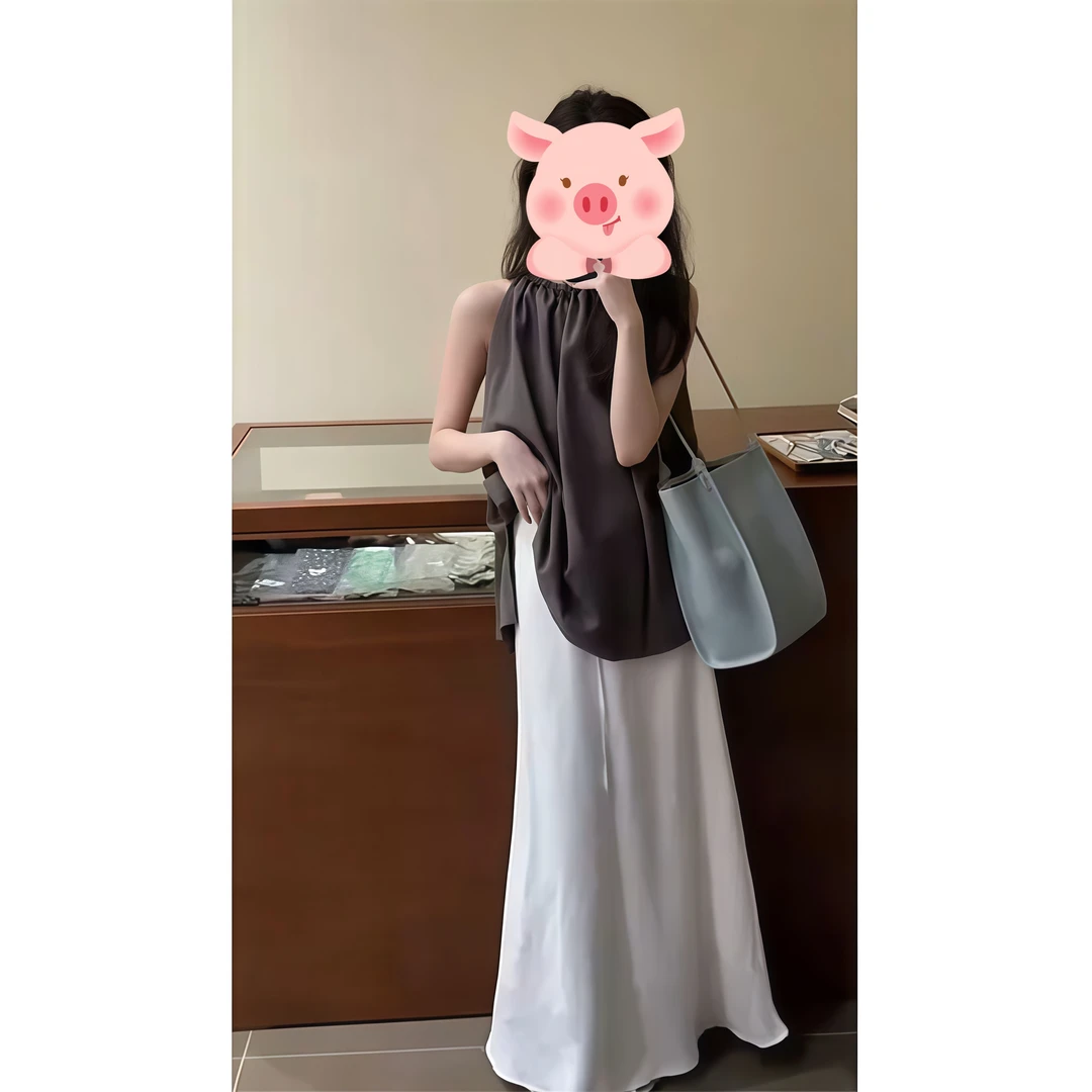 韩系休闲简约百搭挂脖背心女2025夏季新款慵懒洋气纯色半身裙套装