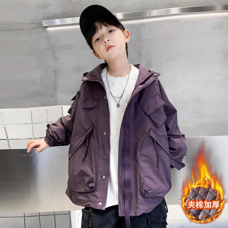 男童夹棉外套秋冬季2024新款儿童工装夹克加厚中大童连帽上衣冬装