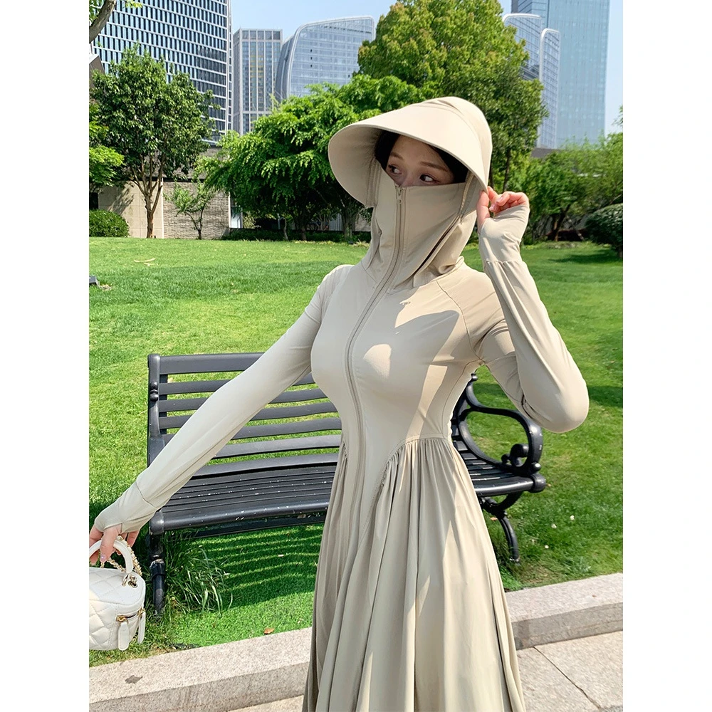 夏季新款女修身长款衣冰丝防紫外线罩衫收腰长裙旅行户外显瘦长袖