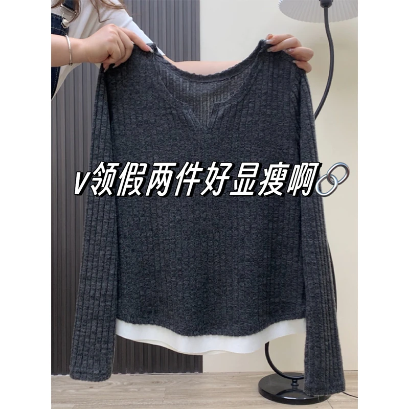 特大码200斤学院风小众正肩拼色假两件上衣女秋冬休闲遮肚长袖t恤