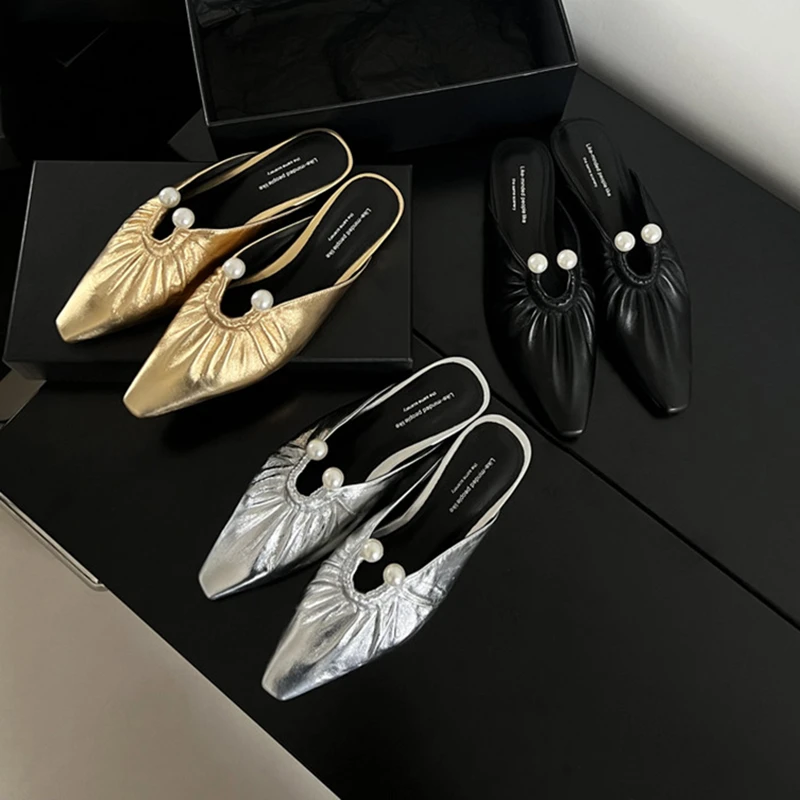 欧若风珍珠方头半拖鞋女外穿2025春夏新款褶皱平底穆勒鞋包头凉拖