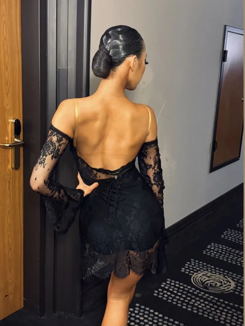 拉丁舞黑色蕾丝连衣裙 李依桐同款 遮肉显瘦