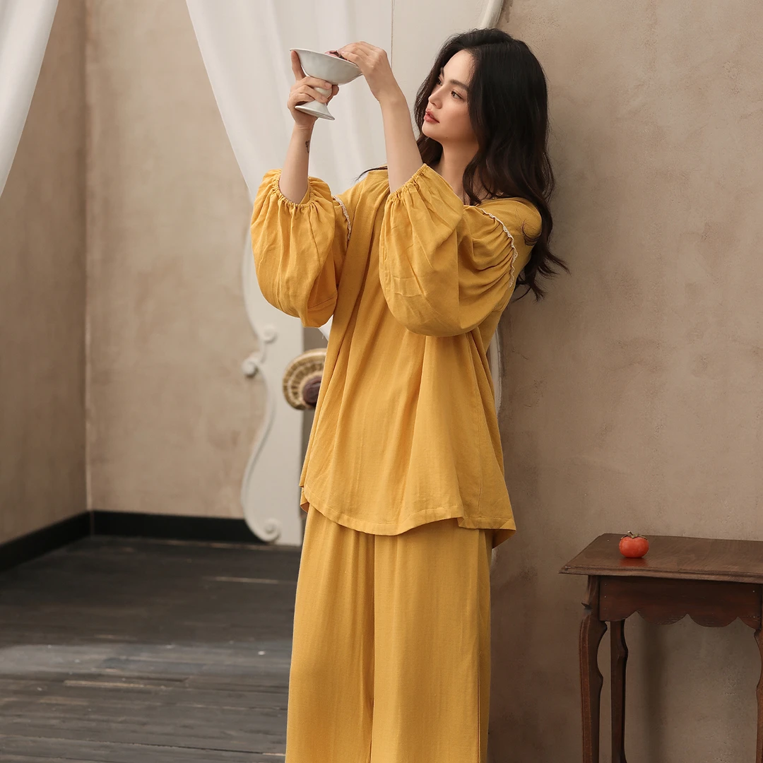 秋天睡衣女款长袖竹纤维棉柔软透气春秋宽松显白姜黄色家居服套装