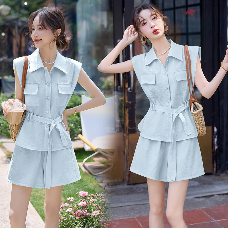 时尚休闲职业工装无袖套装女夏季又酷又飒系带收腰减龄短裤两件套