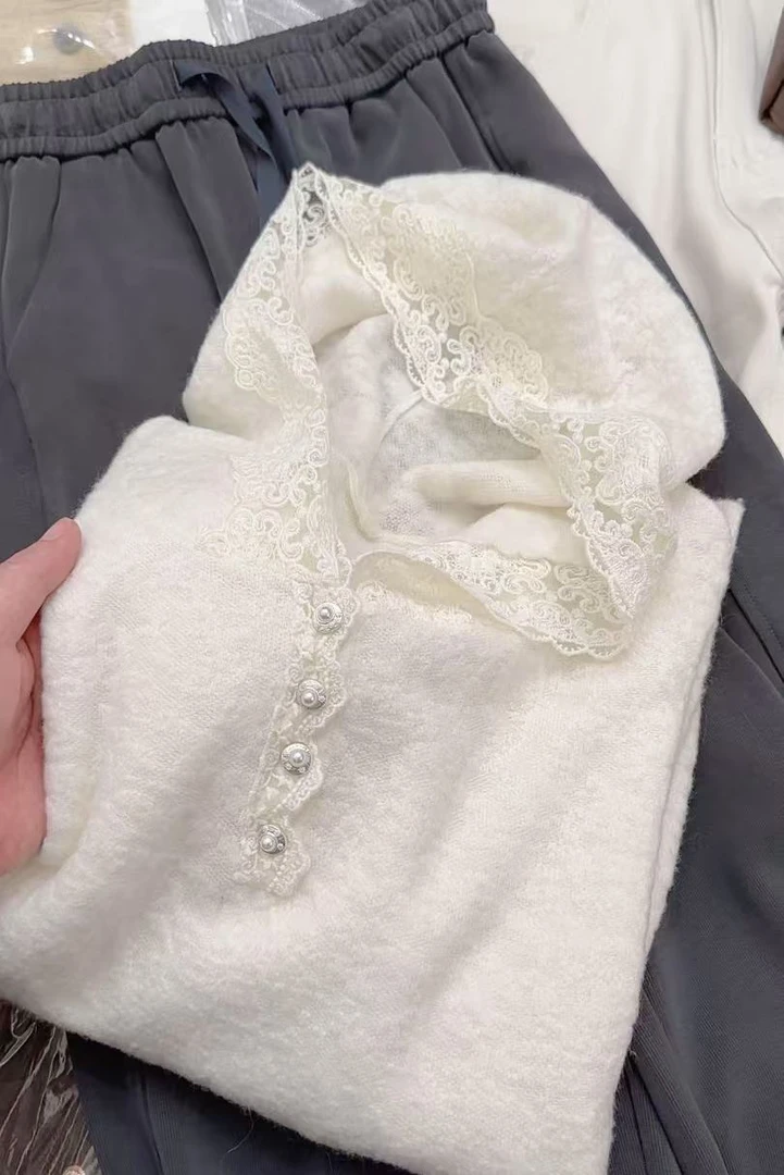 /魔法帽/针织衫气质纯色长袖连帽蕾丝春季时尚休闲