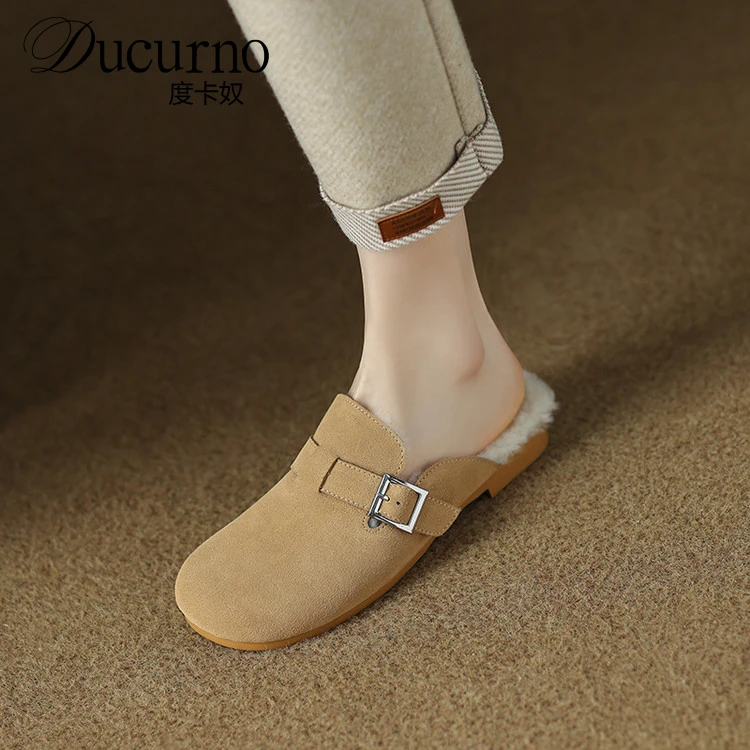 DUCURNO休闲勃肯鞋女包头半拖鞋平底外穿加绒穆勒鞋一脚蹬懒人鞋