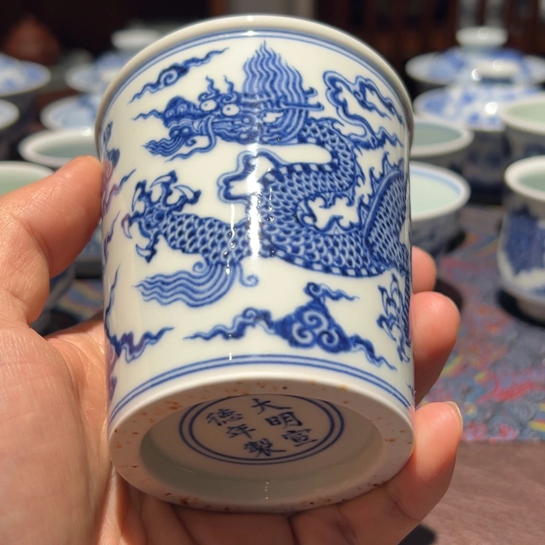 杯青花明龙霸王龙小可乐杯口径约8.2高9厘米