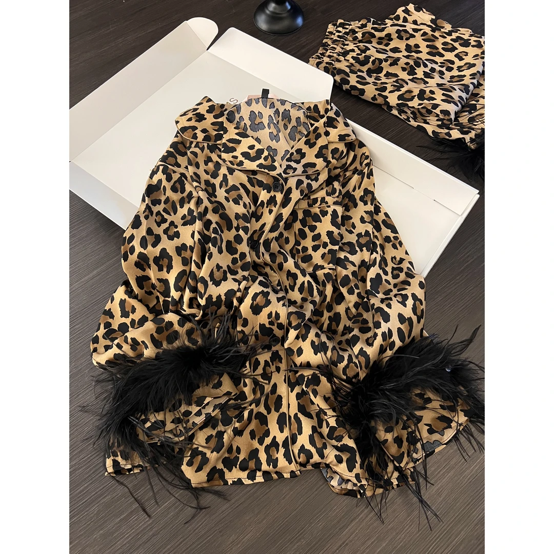 琥珀流光风仙羽豹纹冰丝睡衣女款爆款秋季新款美式长袖居家服套装