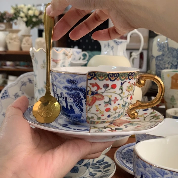 金***记陶瓷画楼青花陶瓷杯碟带1玫瑰糖勺