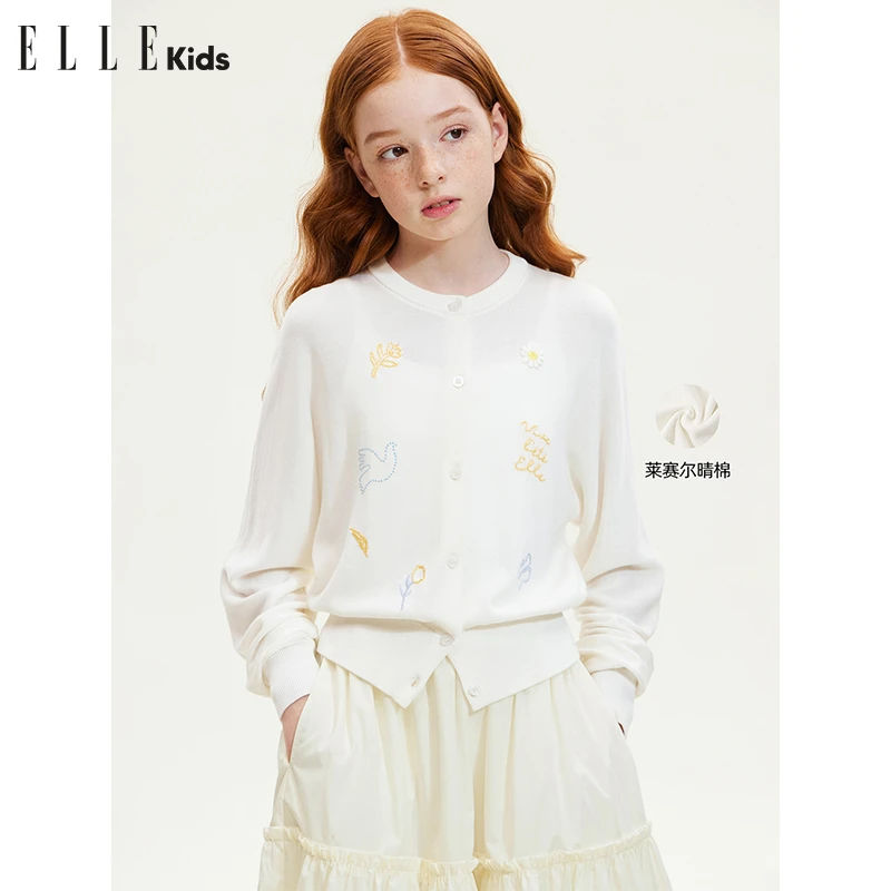 ELLE KIDS 蝙蝠袖防晒空调衫女童夏季新款度假风撞色绣花上衣A2