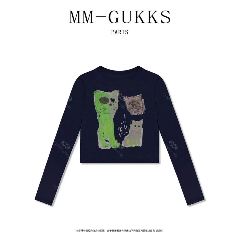 明明GUKKS『防晒猫咪』夏季卡通小猫薄款防晒打底衫长袖T恤上衣