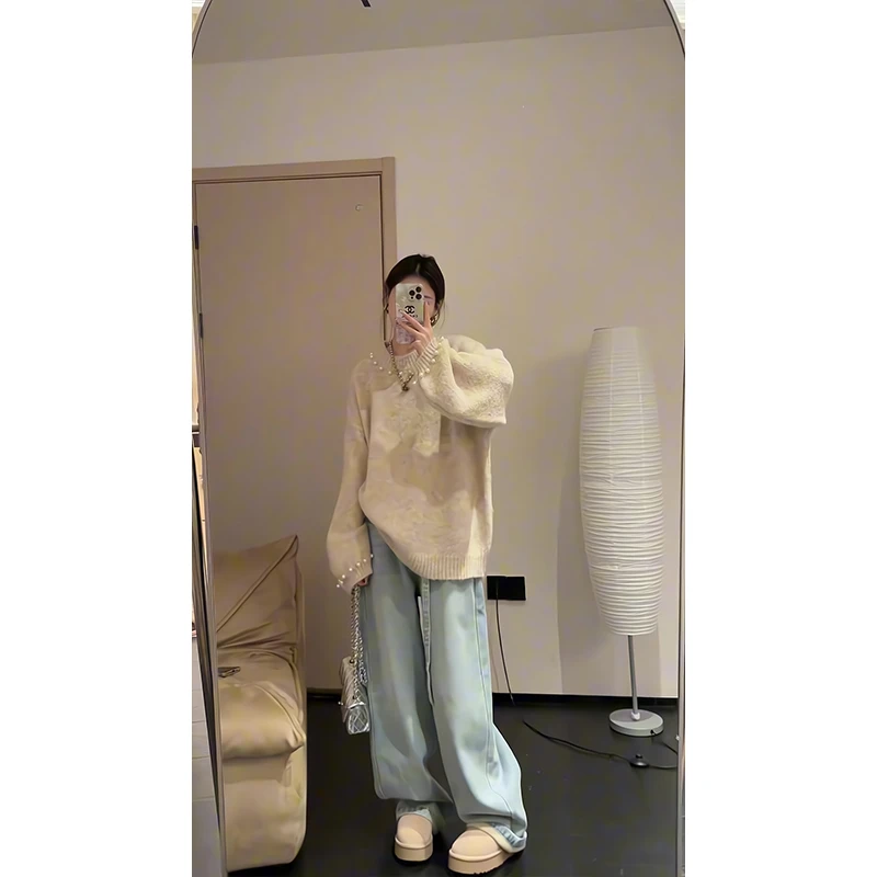2024新款女秋冬季时尚气质小众设计感宽松百搭毛衣高腰阔腿牛仔裤