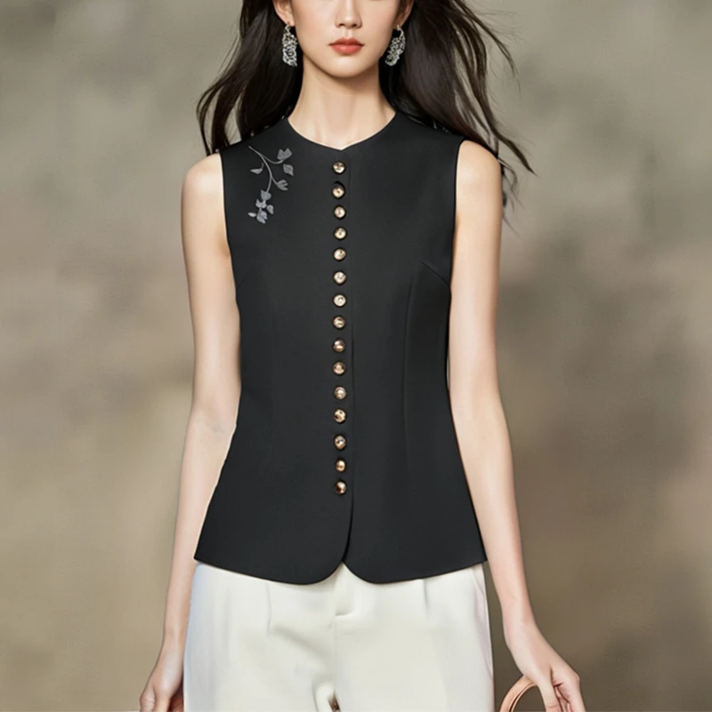 古典国风马甲单排多扣2025春季新款无袖短款气质女装刺绣收腰修身