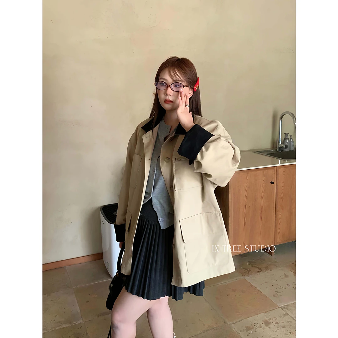 张桶桶QC【汉南洞入秋】复古撞色拼接工装风衣外套ins ZXD01480