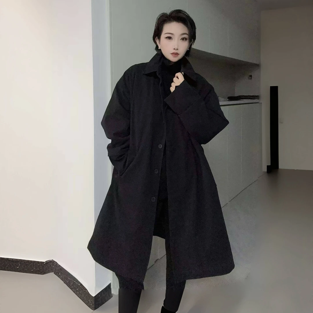 YUXI2025冬季新款韩版百搭简约翻领设计宽松单排扣廓形外套女