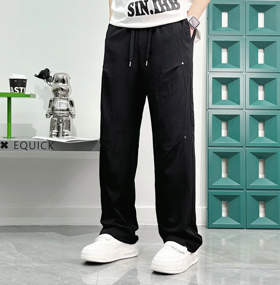 欧品夏季男士百搭纯色抽绳宽松时尚透气轻奢运动休闲裤 8513