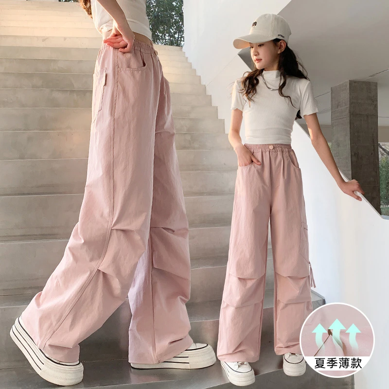女童工装裤夏季休闲裤儿童裤子2025新款大童直筒速干阔腿裤夏装