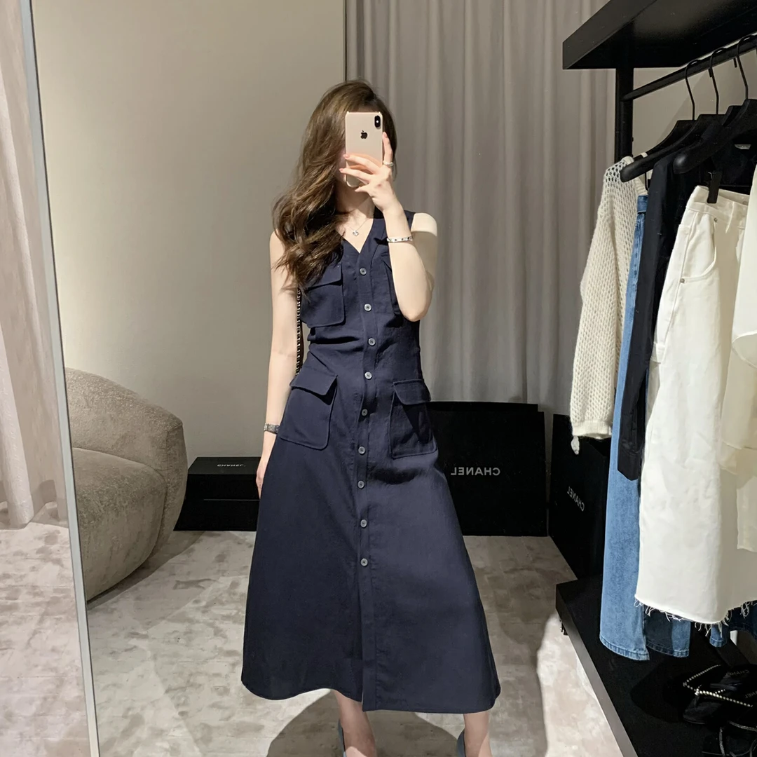 夏上新！韩系气质简约无袖V领带收腰连衣裙(30亚麻➕70天丝