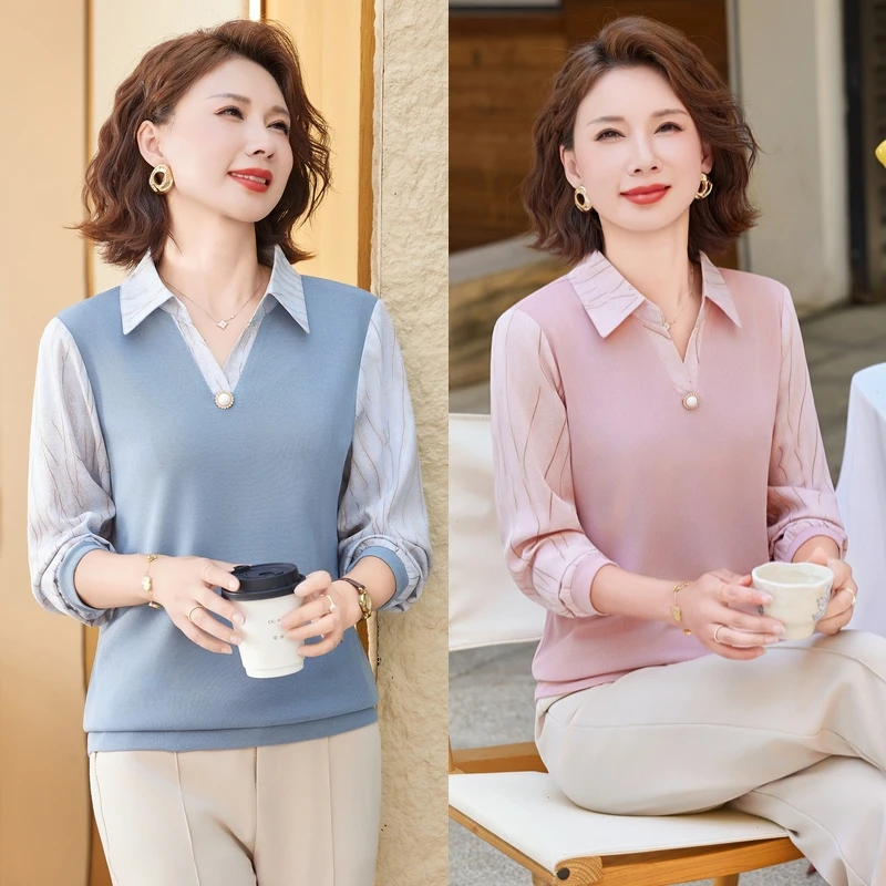 中老年女装秋装2025新款针织打底衫妈妈春秋休闲长袖T恤显瘦上衣