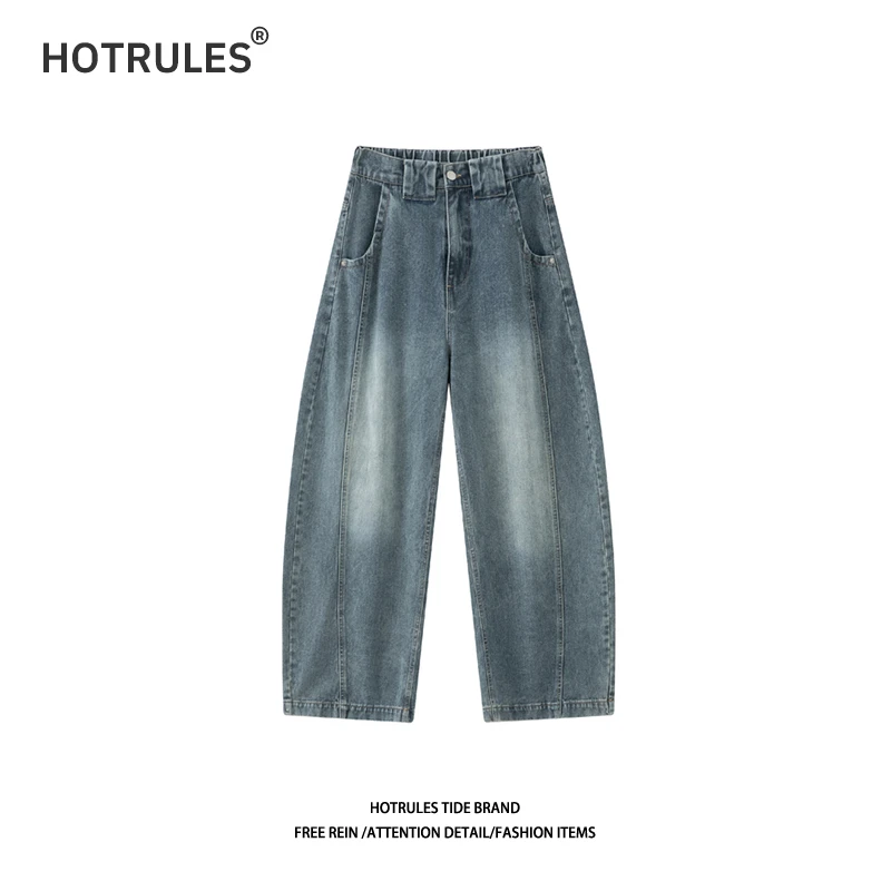 HOTRULES美式复古做旧明线夏季弯刀裤宽松阔型水洗牛仔裤男女同款