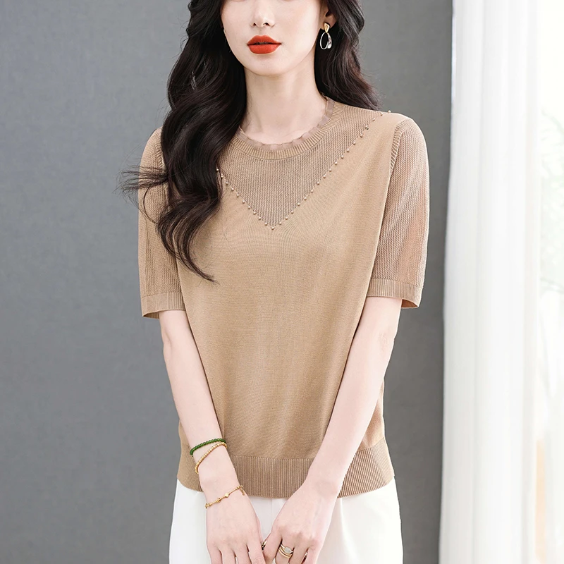 高级感轻奢小衫女夏季气质钉珠蕾丝上衣2025新款冰丝大码短袖t恤