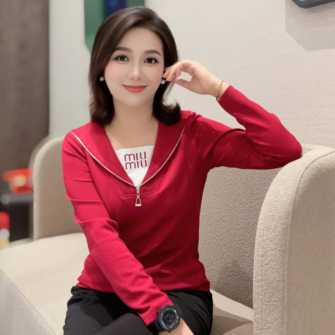 2025新款早春长袖T恤女装海军领时尚假两件百搭修身显瘦休闲上衣