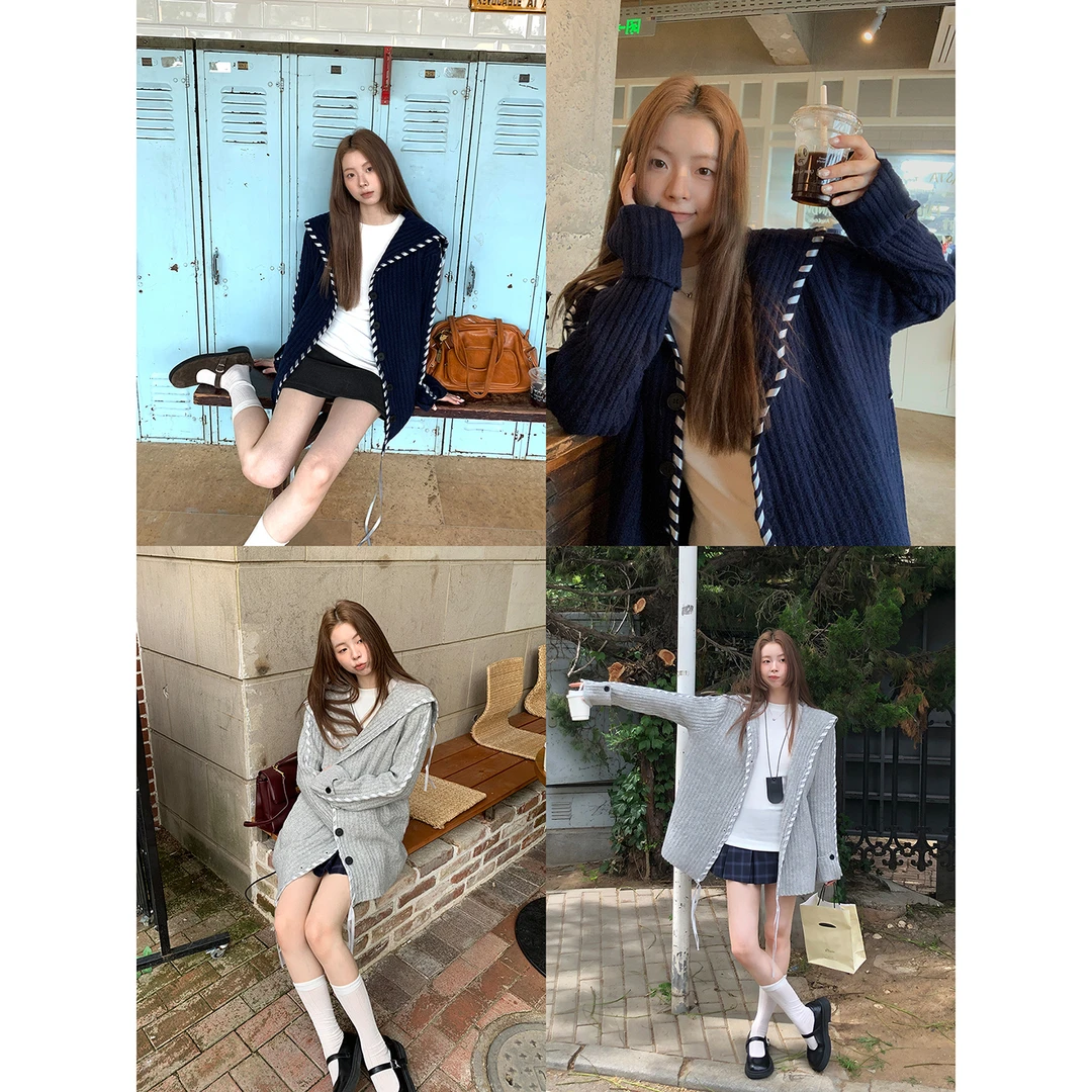 【北海道】秋季美式复古学院风飘带海军V领宽松针织衫8100#