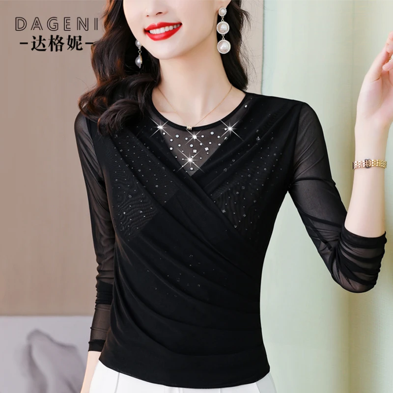 烫钻收腰网纱打底衫女2026年春秋新款设计感长袖T恤修身内搭上衣