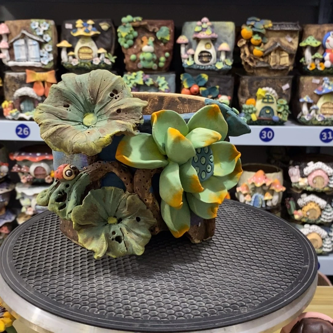 白狐粗陶手捏花盆