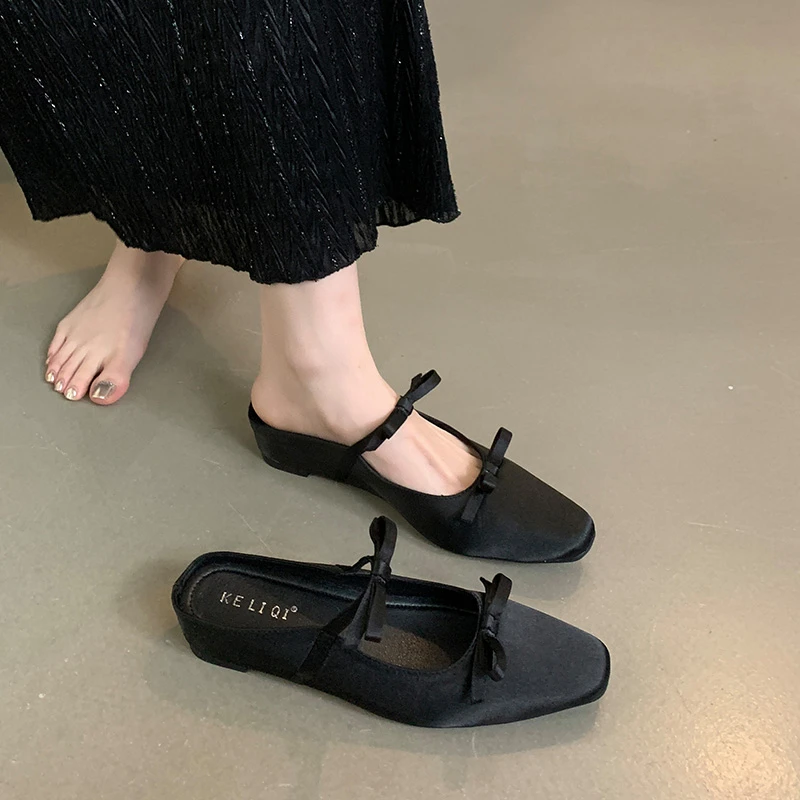 【明星同款】法式复古黑色玛丽珍半拖鞋女鞋内增高春秋韩版一字带