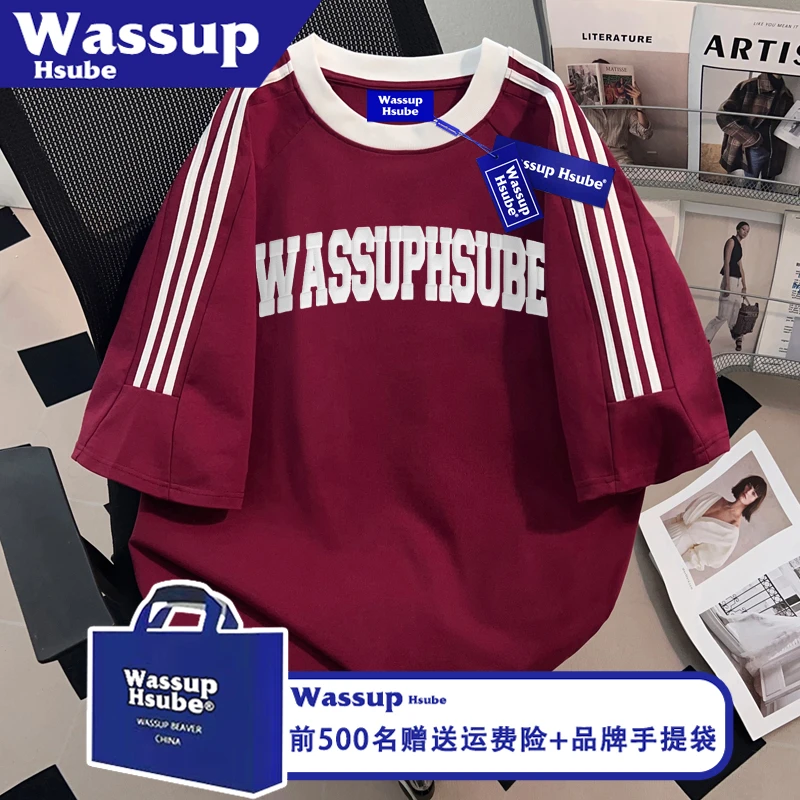 WASSUP HSUBE夏ins男女同款短袖纯棉T恤设计感字母印花三条杠上衣