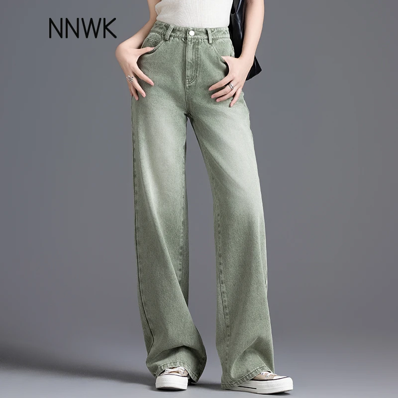 复古绿窄版阔腿裤2025春秋季新款休闲牛仔裤女高腰显瘦直筒裤子女