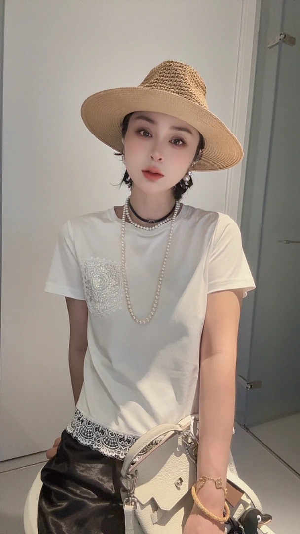 FANYE 2025夏季新款重工刺绣亮片口袋蕾丝下摆短袖T恤25221