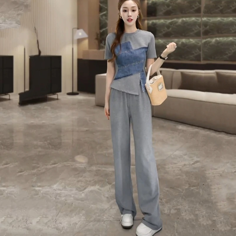 欧货休闲运动套装女春夏季洋气显瘦牛仔拼接上衣阔腿裤两件套