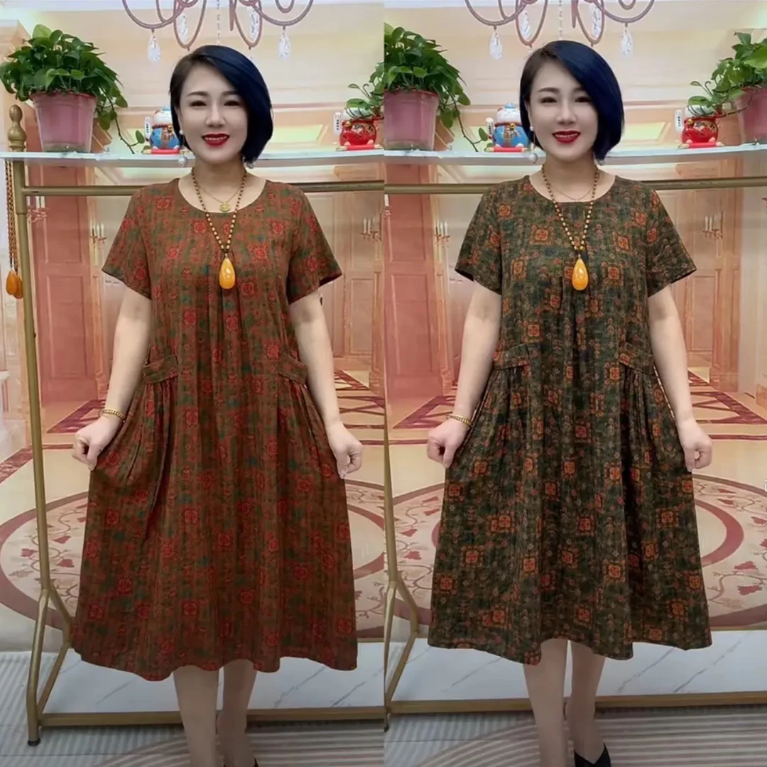 时尚减龄夏季妈妈碎花短袖宽松遮肚遮肉中长款连衣裙
