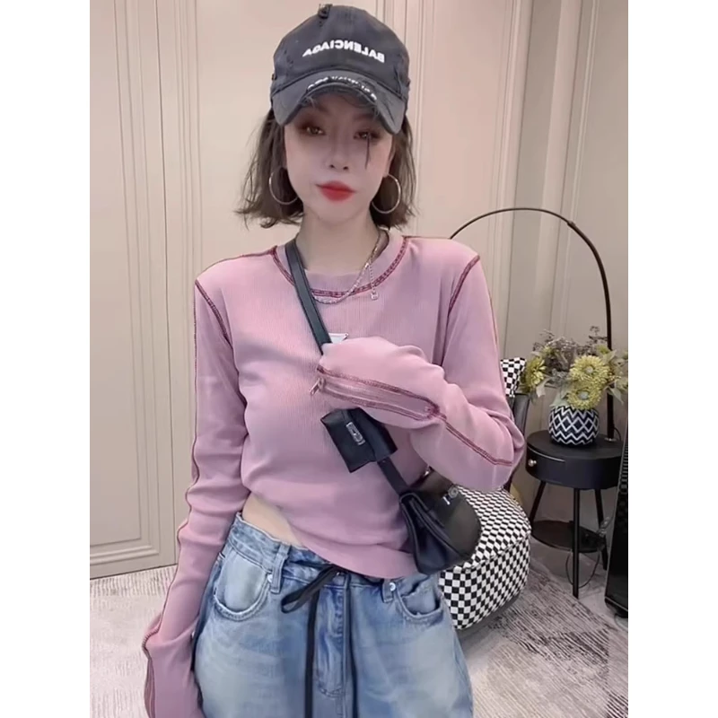 芯娇晴韩系时尚袖口拉链长袖T恤女2025秋季新款休闲百搭显瘦上衣