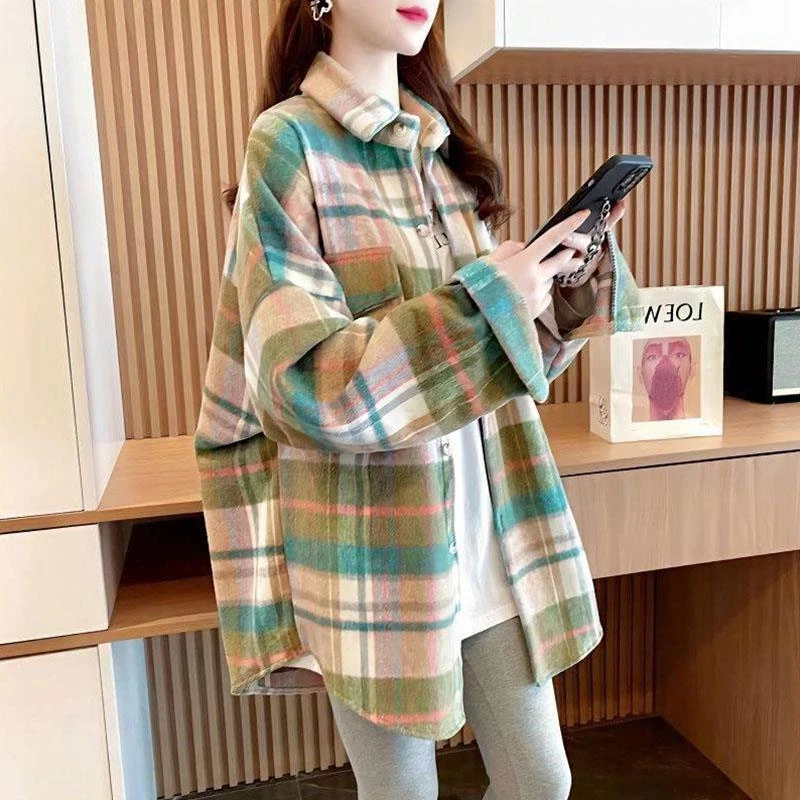 磨毛格子衬衫女2025春秋装欧货衬衣覆古加厚上衣休闲宽松长袖外套