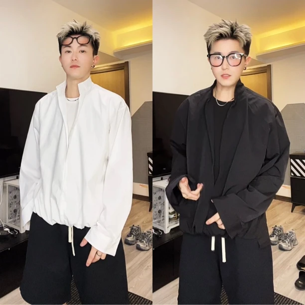 【双囍定制】简约纯色假两件设计长袖衬衫男宽松休闲时尚小众上衣