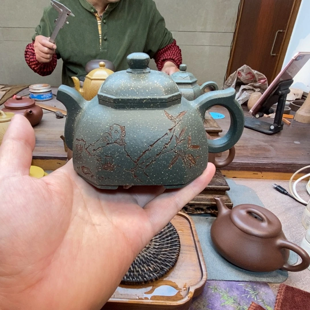 松***庄茶壶紫砂八方半月壶（原矿雪花绿泥200cc）